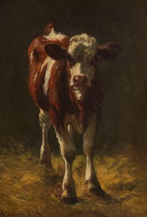 Kalbchen im Stall by Richard Voltz Oil Painting