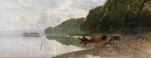 Uferlandschaft am Starnberger See mit weidenden Kuhen by Richard Von Poschinger Oil Painting