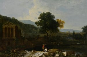 An Italian river scene, with the Temple of Clitumnus and ruins, two figures and cows by Richard Wilson Oil Painting