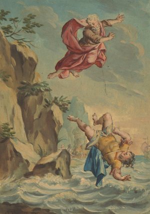 Mentor gooit Telemachus van een rots en springt hem achterna by Rienk Keyert Oil Painting