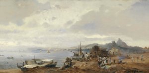 Fischer an einer suditalienischen Kustenlandschaft by Robert Alott Oil Painting