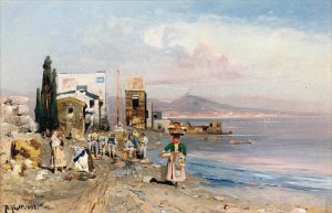 Fisherfolk on the Neapolitan coast by Robert Alott Oil Painting