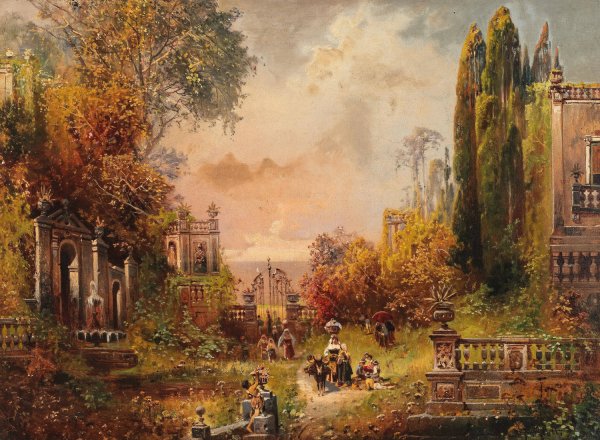 Sudliche Parklandschaft mit figurlicher Staffage by Robert Alott - Hand-Painted Oil Painting Reproduction