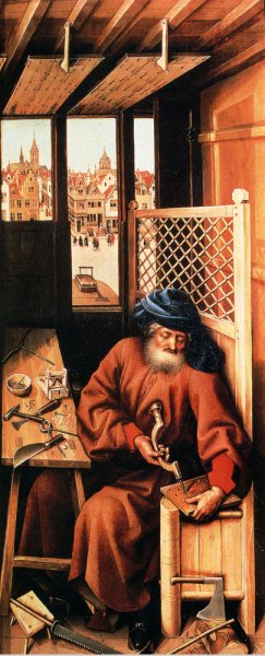 Main Product Photo of St. Joseph Portrayed as a Medieval Carpenter Center Panel of the Merode Altarpiece Painting by Robert Campin
