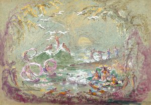 Lake Scene with Fairies and Swans by Robert Caney Oil Painting