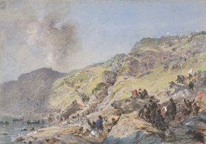 The Cliffs, Foilhummerum Bay, Valentia, the Point at Which the Shore-end of the Cable was Landed on July 22nd, 1865 by Robert Charles Dudley Oil Painting