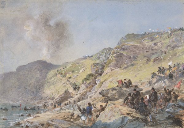 The Cliffs, Foilhummerum Bay, Valentia, the Point at Which the Shore-end of the Cable was Landed on July 22nd, 1865  by Robert Charles Dudley - Hand-Painted Oil Painting Reproduction