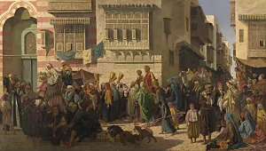 A Sheikh and his son entering Cairo on their return from a pilgrimage to Mecca by Robert Dowling Oil Painting