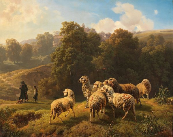 An Encounter on the Sheep Pasture by Robert Eberle - Hand-Painted Oil Painting Reproduction
