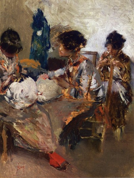 Venetian Lace Makers by Robert Frederick Blum - Hand-Painted Oil Painting Reproduction