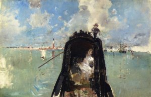Woman in a Gondola with San Giorgio Maggiore in the Background also known as In the Gondola Oil painting by Robert Frederick Blum