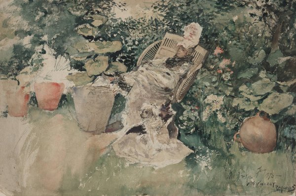 Woman Seated in a Garden  by Robert Frederick Blum - Hand-Painted Oil Painting Reproduction