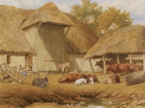Cattle resting beside farm buildings by Robert Hills Oil Painting