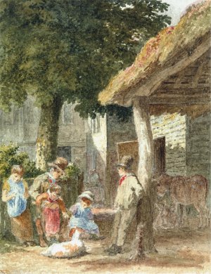 Children With a Dog in Farmyard by Robert Hills Oil Painting