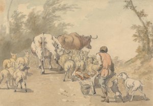 Drove of Sheep and Cows by Robert Hills Oil Painting
