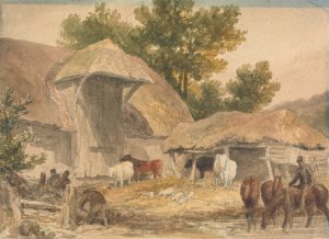 Farmyard with Horses Waiting by Robert Hills Oil Painting