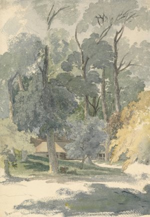 Trees and Barns in Ashstead Park, Surrey by Robert Hills Oil Painting