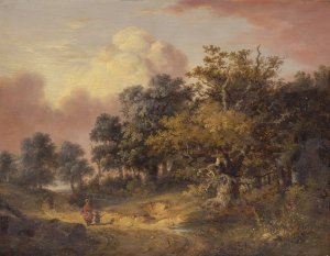 Wooded Landscape with Woman and Child Walking Down a Road by Robert Ladbrooke Oil Painting