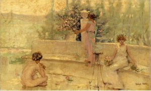 Three Figures in an Italian Garden by Robert Lewis Reid Oil Painting