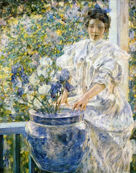 Main Product Photo of Woman on a Porch with Flowers Painting by Robert Lewis Reid