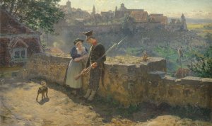 Friede im Lande. Schildwache in Unterhaltung mit einer Frau, die ein Kind auf den Armen tragt by Robert Potzelberger Oil Painting