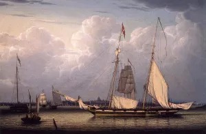 A Schooner with a View of Boston by Robert Salmon - Oil Painting Reproduction