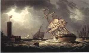 A Ship Run Aground in Whitehaven Harbor Oil painting by Robert Salmon