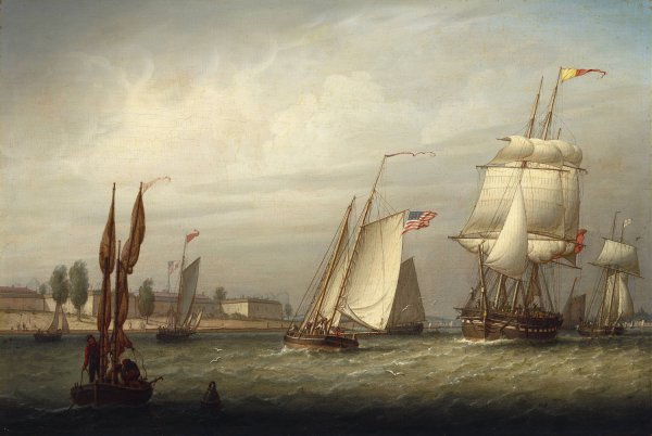 Boston Harbor  by Robert Salmon - Hand-Painted Oil Painting Reproduction