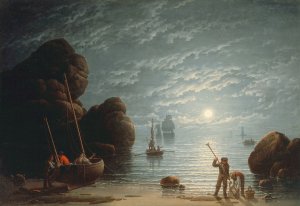 Moonlight Coastal Scene by Robert Salmon Oil Painting