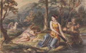 Diana, Goddess of the Hunt, with Satyrs, sleeping Cupid and a Pegasus in a Wooded Landscape by Robert Smirke Oil Painting