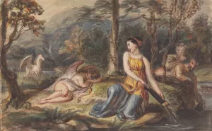 Diana, Goddess of the Hunt, with Satyrs, sleeping Cupid and a Pegasus in a Wooded Landscape by Robert Smirke Oil Painting