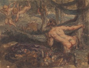 Pan, Spying, From Behind a Tree, at Putti, Shooting Arrows by Robert Smirke Oil Painting