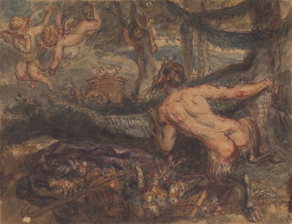 Pan, Spying, From Behind a Tree, at Putti, Shooting Arrows by Robert Smirke - Hand-Painted Oil Painting Reproduction