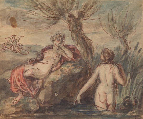 Two Women Enjoying Their Time by a Stream by Robert Smirke - Hand-Painted Oil Painting Reproduction