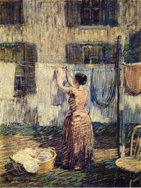 Woman Hanging Out Clothes by Robert Spencer - Hand-Painted Oil Painting Reproduction