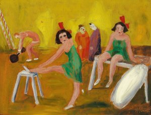 Interior fra et cirkus med klovne, trapezkunstnere og en staerk mand by Robert Storm Petersen Oil Painting