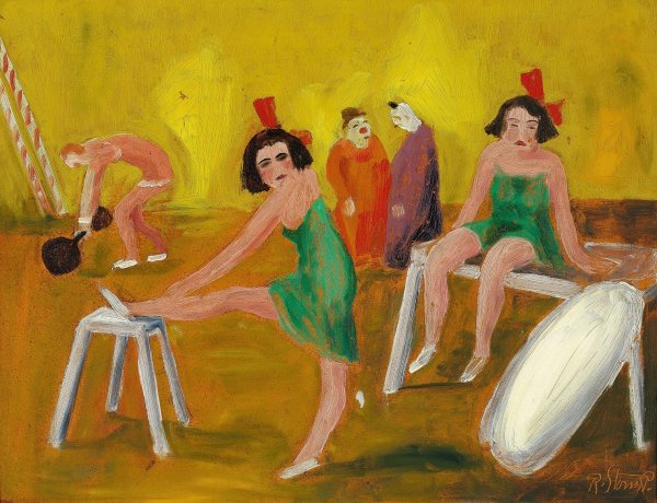 Interior fra et cirkus med klovne, trapezkunstnere og en staerk mand by Robert Storm Petersen - Hand-Painted Oil Painting Reproduction