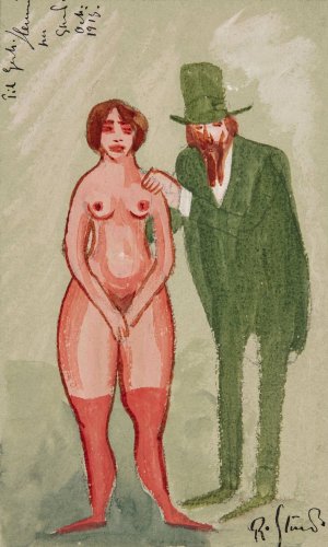 Rosa Dame Og Gron Mand by Robert Storm Petersen Oil Painting