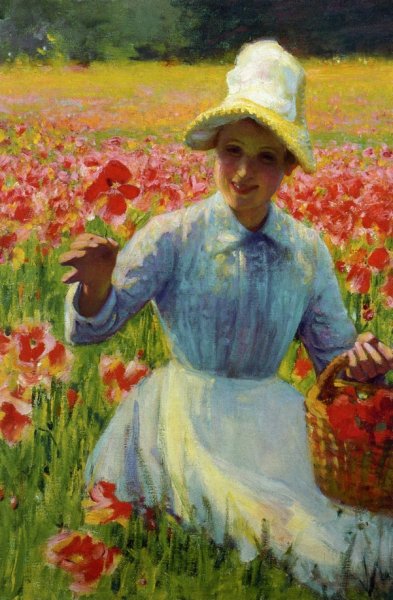 Girl with Poppies by Robert Vonnoh - Hand-Painted Oil Painting Reproduction