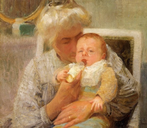 Main Product Photo of The Baby's Bottle Painting by Robert Vonnoh