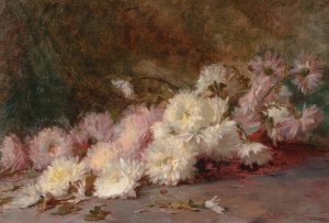 Still Life of Pink and White Chrysanthemums by Robert Wilton Lockwood Oil Painting