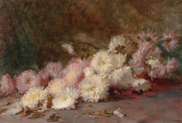 Still Life of Pink and White Chrysanthemums  by Robert Wilton Lockwood - Hand-Painted Oil Painting Reproduction