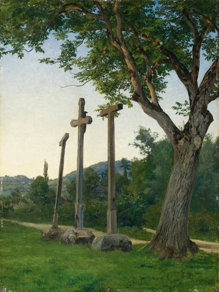 Main Product Photo of Three Crosses Along A Country Lane Painting by Robert Zund