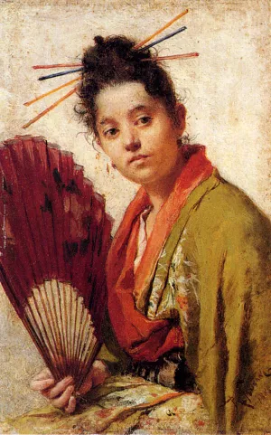 A Young Girl Holding A Fan by Roberto Fontano - Oil Painting Reproduction