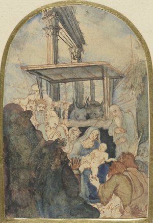 Studie voor een aanbidding der koningen, op de achtergrond een ruine met twee Corinthische zuilen Oil painting by Rodolphe Bresdin