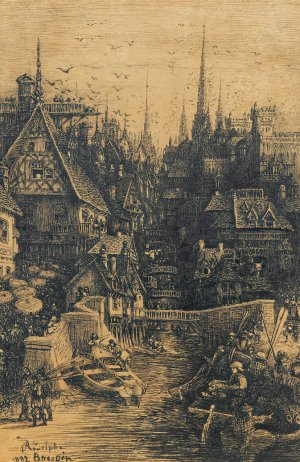 View of a medieval city by Rodolphe Bresdin Oil Painting