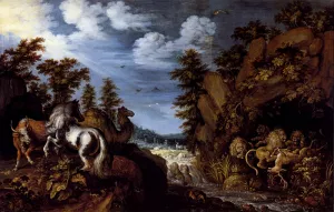 A Rocky Landscape With A Stallion, Bull And Camel Overlooking A Lion's Den painting by Roelandt Jacobsz Savery