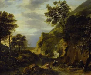 Mountainous landscape with waterfall by Roelant Roghman Oil Painting