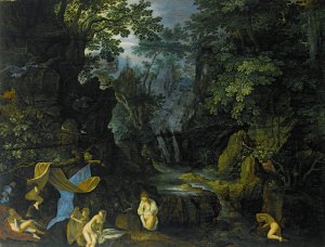 A Forest Landscape With Bathing Nymphs And Leda And The Swan by Roelant Savery Oil Painting