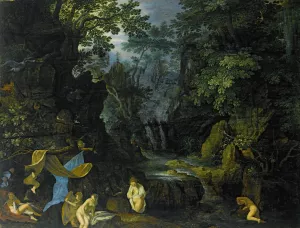 A Forest Landscape With Bathing Nymphs And Leda And The Swan by Roelant Savery Oil Painting